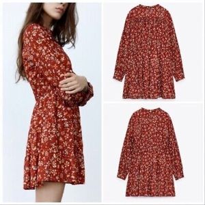 Zara Red Floral Long Sleeved Mini Dress